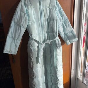 L.L. Bean Goose Down Long Duster Jacket Puffer Hoodie size L Women VINTAGE ll